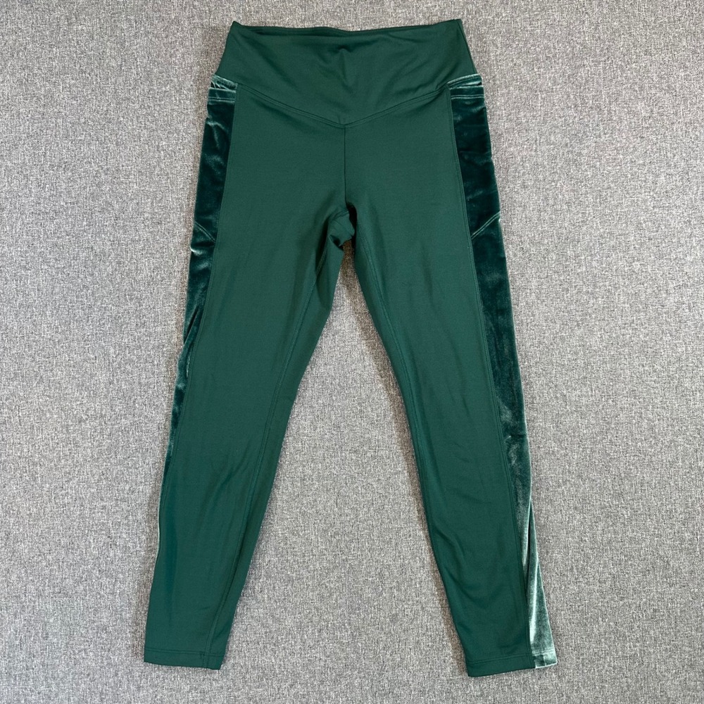 PINK Leggings Womens S Cozy Forest Green Velvet Side Stripe Pockets Excellent